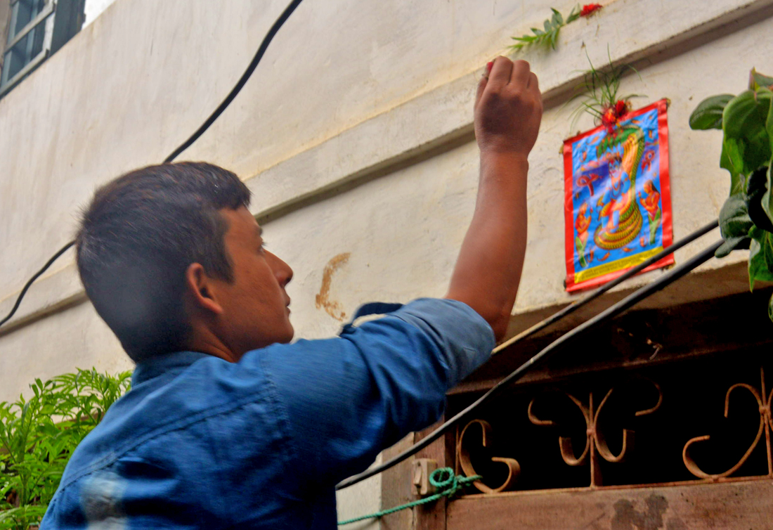 आज नागपञ्चमी नागको पूजाअर्चना गरी घरका मूलढोकामा टाँसेर मनाइँदै