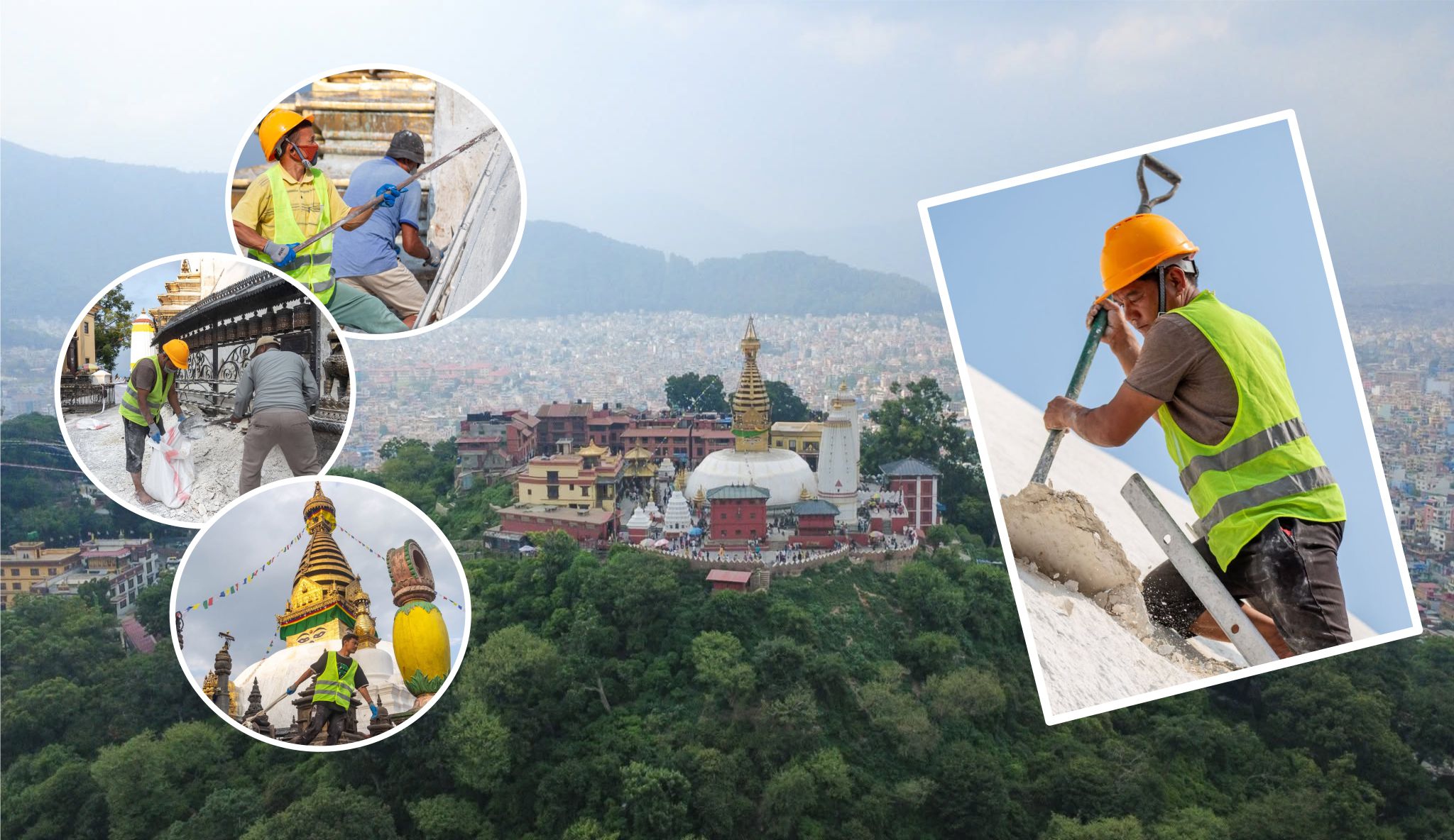 स्वयम्भू महाचैत्यको गुम्बजबाट वर्षौंदेखि जमेको चुनाको तह हटाइँदै